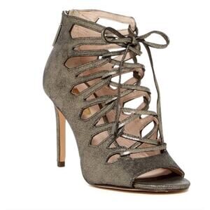 LOUISE ET CIE Caged Sandals Lo-Kacy Leather Silver Metallic Lace Up Zip 7.5 EUC